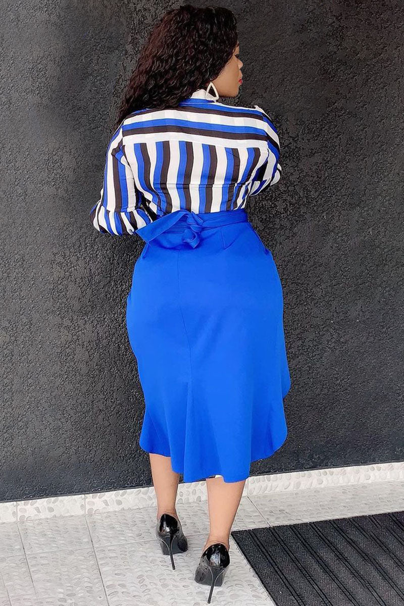 Plus Size Elegant Blue Stripe Patchwork Flare Sleeve Midi Dress