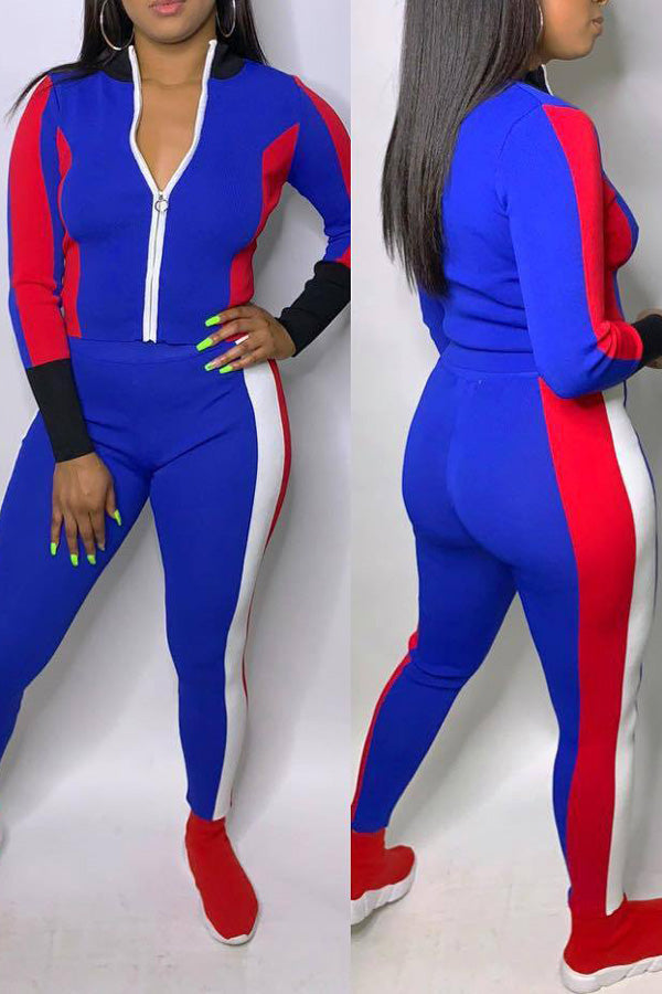 Leisure Sports Contrast Color Stitching Two-piece Set