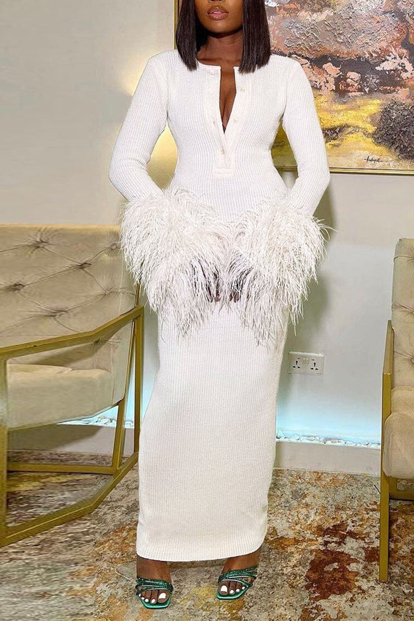 Elegant V-Nack Feather Trim Long Sleeve Slim Fit Solid Color Maxi Dress