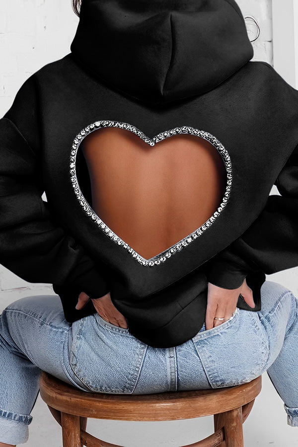 Sweet Heart Hot Diamond Solid Color Backless Loose Hoodie